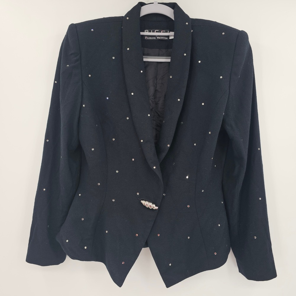 BICCI Florine Wachter Vintage Black 100% Wool Rhinestone Blazer Jacket 10 USA